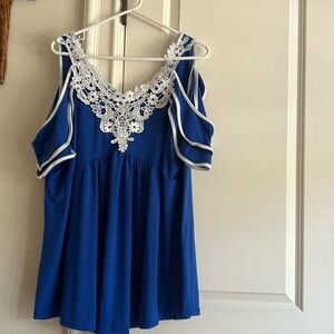Beautiful blue and white cold shoulder top